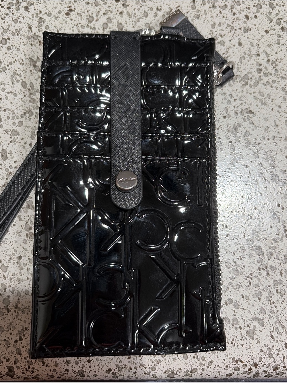 Calvin Klein Black Patent Logo Wristlet